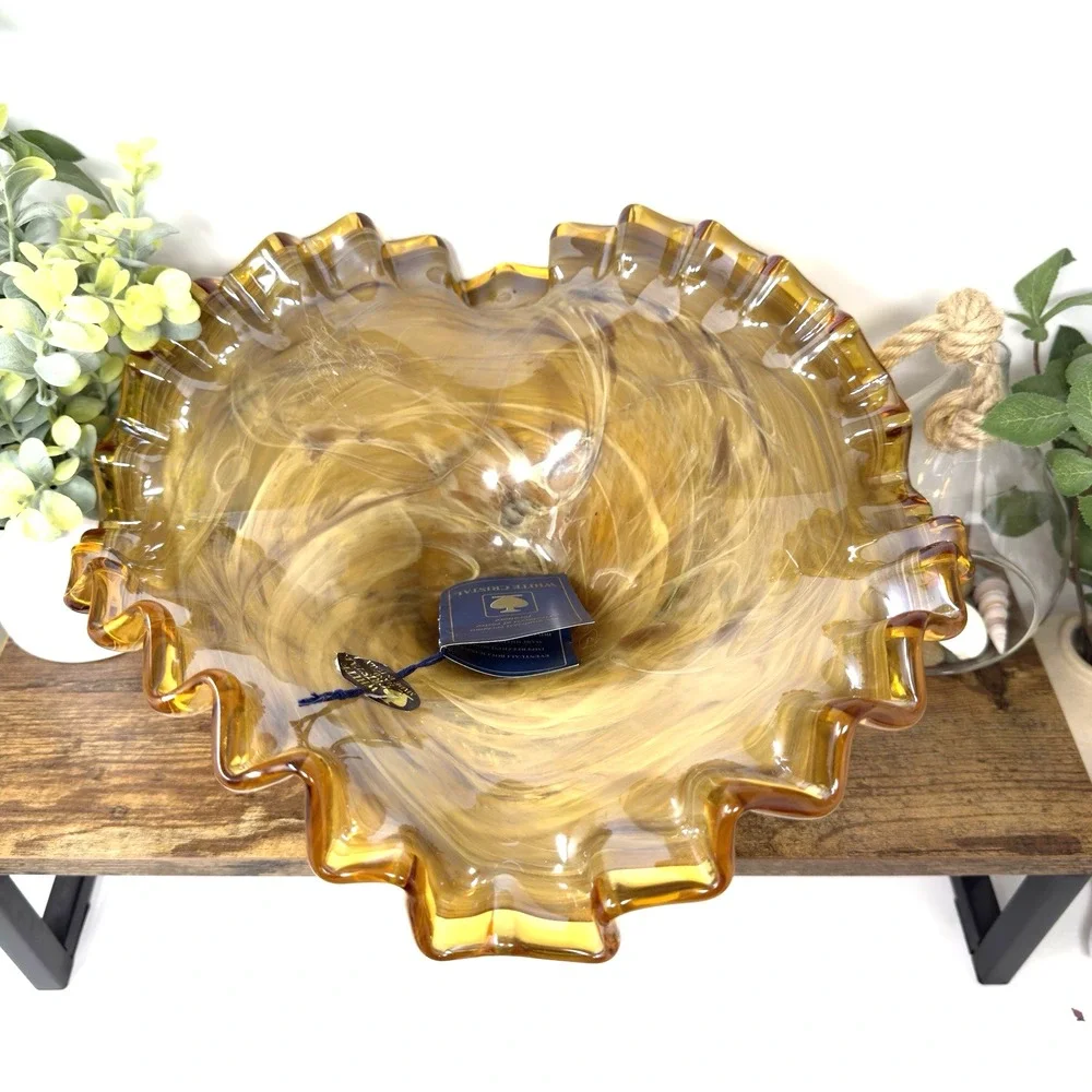 Murano Italy White Cristal Glass Bowl Tortoise Shell Table Centerpiece